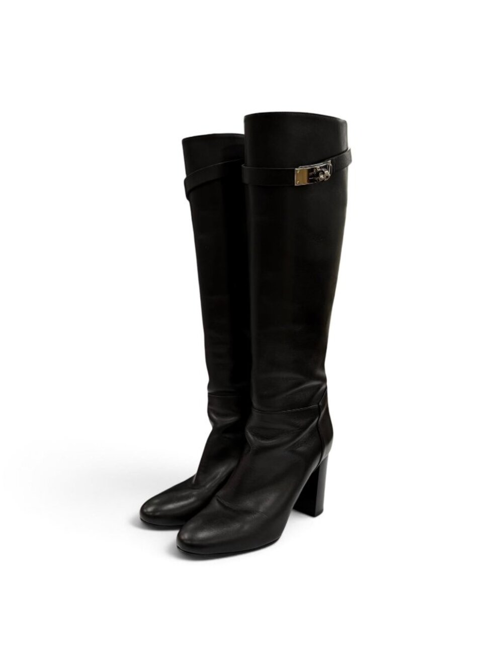Hermes Story 70 Silver Kelly Buckle Chunky Heel Leather Long Boots Black